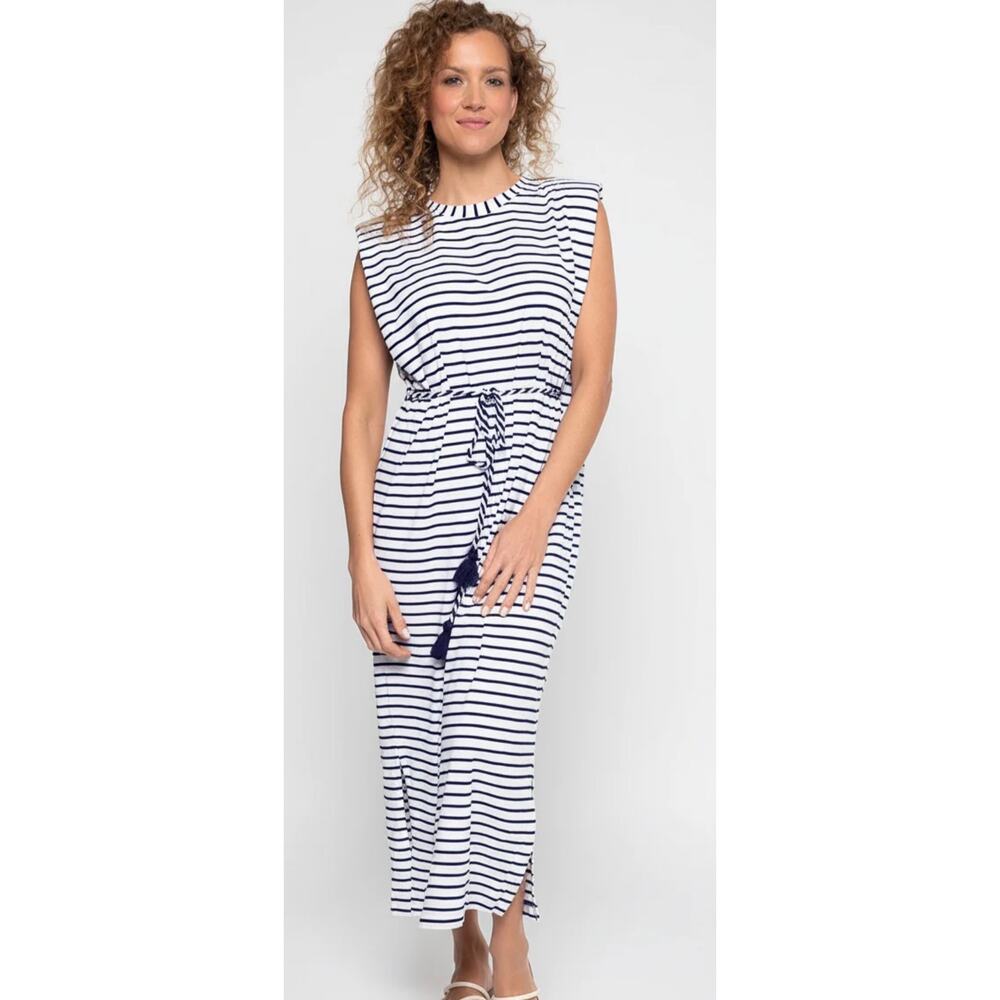 Coolibar Coral Way Sleeveless Midi Dress White/Navy Stripe Beach Vacation Sz L